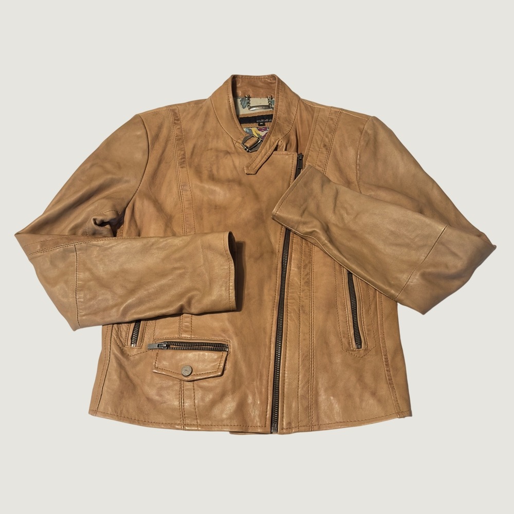 Wilsons Leather Jacket Tan Moto Asymmetrical Y2K Medium Floral Lining Biker